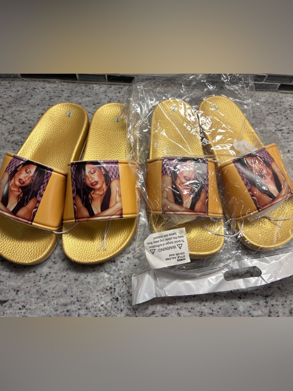Womens 2 pairs “Aaliyah" Gold Women's Slide Sandals with Graphic Strap size 7